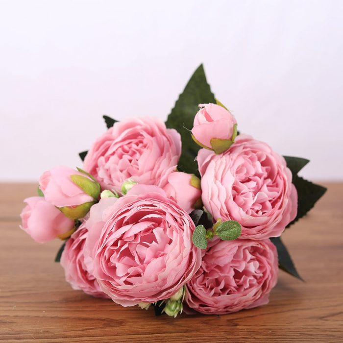 30cm Rose Pink Silk Bouquet Peony Artificial Flowers 5 Big Heads 4 Small Bud Bride Wedding Home Decoration Fake Flowers Faux